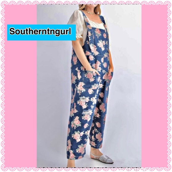NWT EASEL Floral Distressed Oversized Blue Jean Denim Overalls / Jumpsuit - Picture 15 of 15